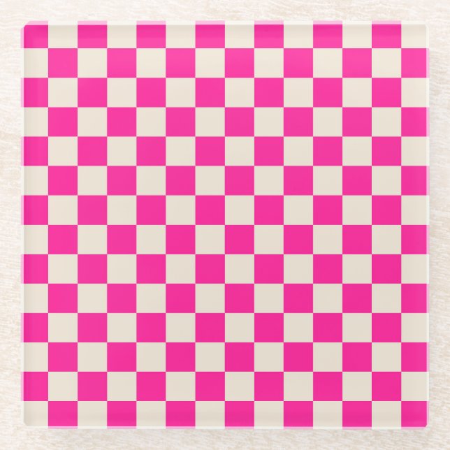Hot pink and tan chequerboard pattern glass coaster (Front)
