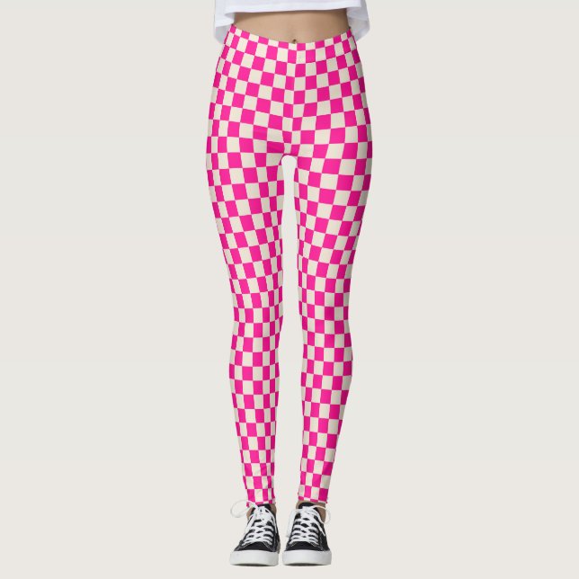 Hot pink and tan chequerboard pattern leggings (Front)