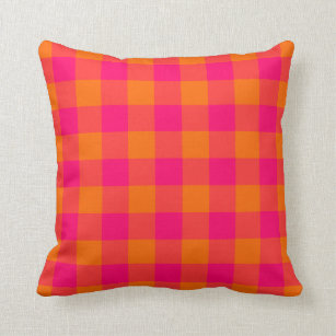 Hot Pink and Tangerine Orange Gingham Pattern Cushion