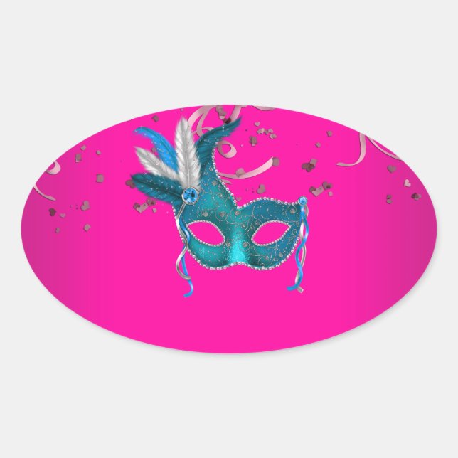 Hot Pink and Teal Blue Masquerade Oval Sticker (Front)