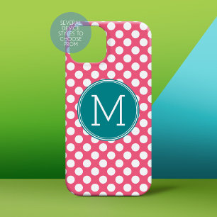 Hot Pink and Teal Polka Dots with Custom Monogram Case-Mate iPhone 14 Plus Case