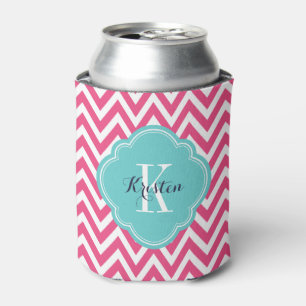 Hot Pink and Turquoise Chevron Monogram Can Cooler