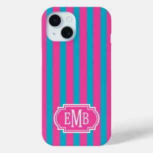 Hot Pink and Turquoise Monogrammed Stripes iPhone 15 Case