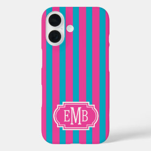 Hot Pink and Turquoise Monogrammed Stripes iPhone 16 Case