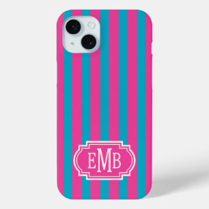 Hot Pink and Turquoise Monogrammed Stripes iPhone 15 Mini Case