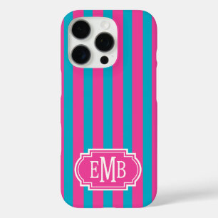 Hot Pink and Turquoise Monogrammed Stripes iPhone 16 Pro Case
