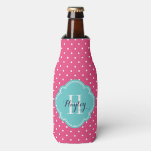 Hot Pink and Turquoise Polka Dots Monogram Bottle Cooler