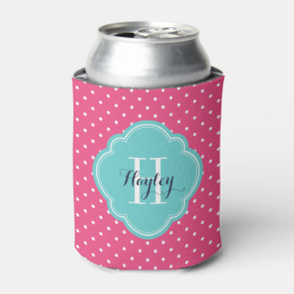 Hot Pink and Turquoise Polka Dots Monogram Can Cooler