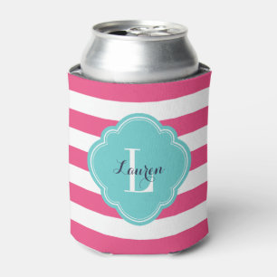 Hot Pink and Turquoise Preppy Stripes Monogram Can Cooler