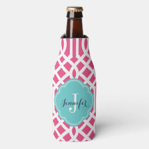 Hot Pink and Turquoise Trellis Monogram Bottle Cooler