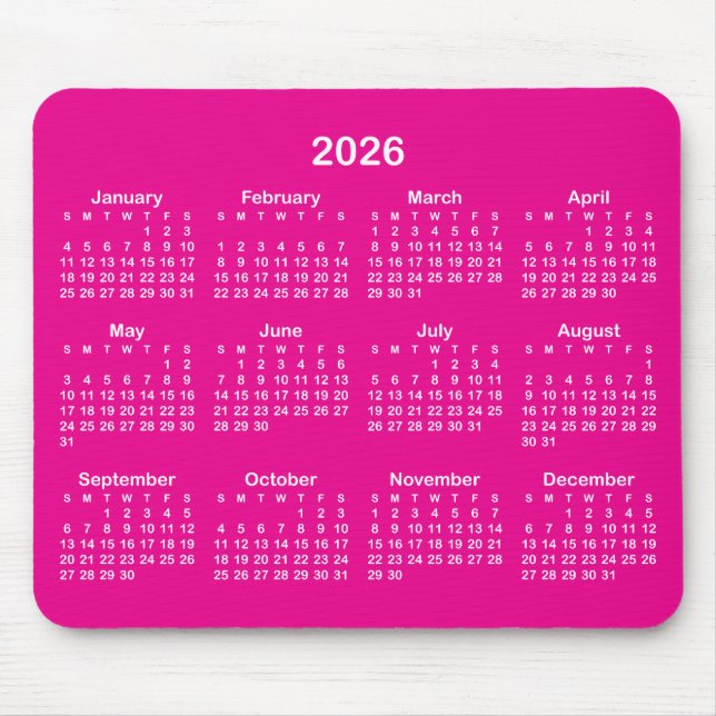 Hot Pink and White 2026 Calendar Mouse Pad (Front)
