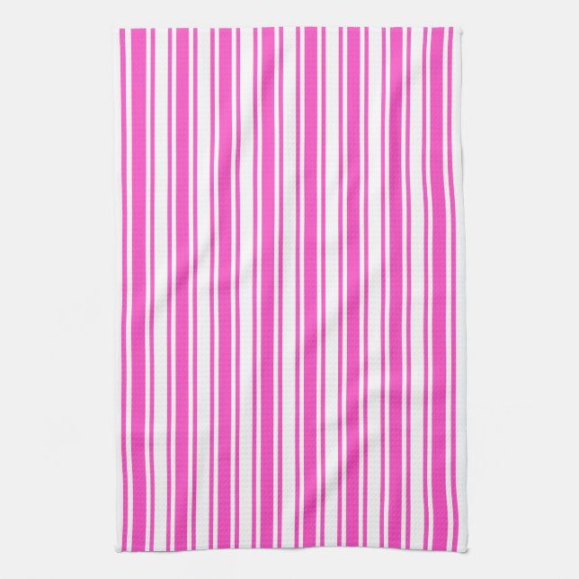 Hot pink and white candy stripes tea towel (Vertical)