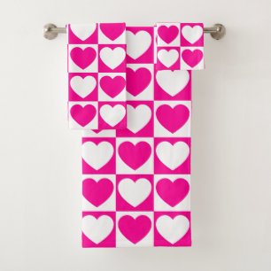 Hot Pink and White Checkered Pattern With Hearts Bath Towel Set