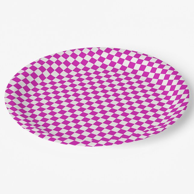 Hot Pink and White Chequered Paper Plates (Angled)