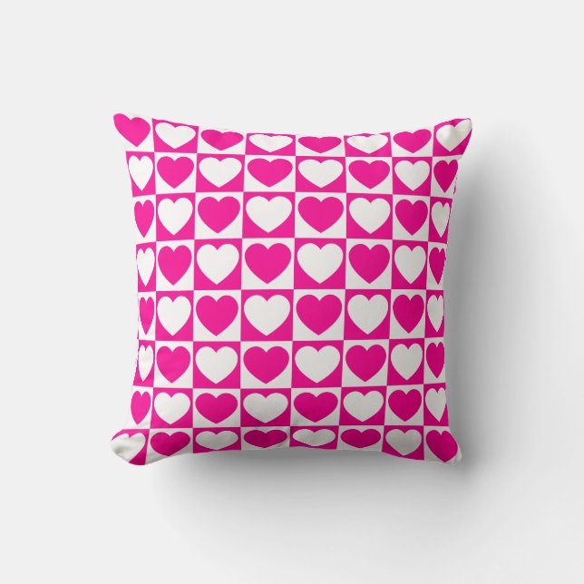 Hot Pink and White Chequered Pattern With Hearts Cushion (Front)