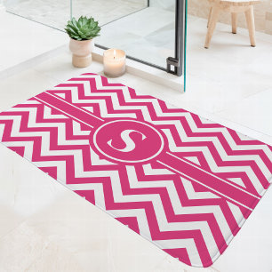 Hot Pink And White Chevron Monogram Bath Mat