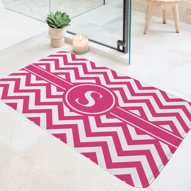 Hot Pink And White Chevron Monogram Bath Mat (Creator Uploaded)