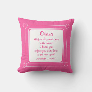 Hot Pink and White Custom Name Bible Verse Striped Cushion
