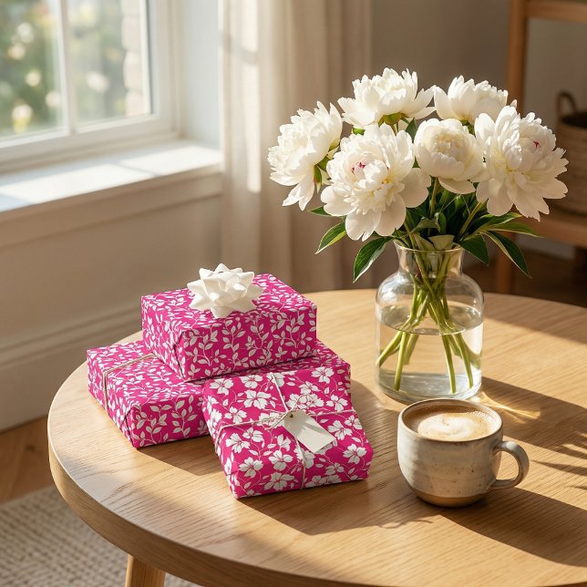 Hot Pink and White Floral Pattern Wrapping Paper Sheet (Creator Uploaded)
