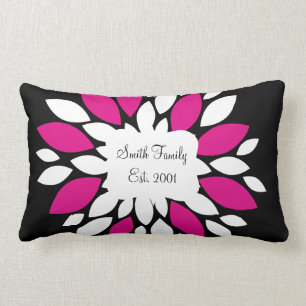 Hot Pink and White Flower Petals Art on Black Lumbar Cushion