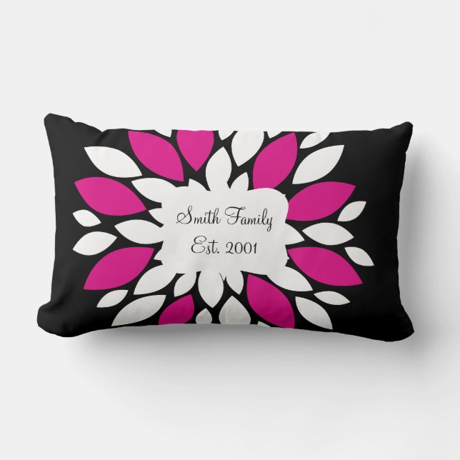 Hot Pink and White Flower Petals Art on Black Lumbar Cushion (Front)