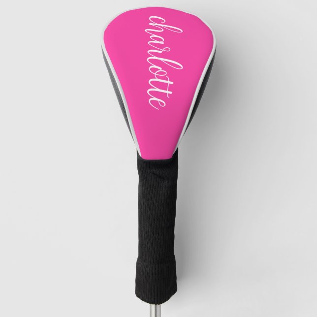 Hot Pink and White Girly Calligraphy Script Golf Head Cover (Front)