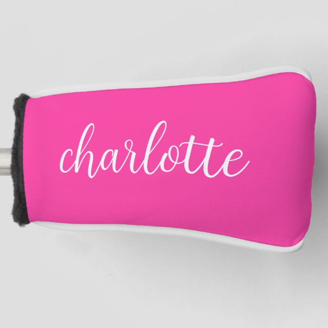 Hot Pink and White Girly Calligraphy Script Golf Head Cover (Front)
