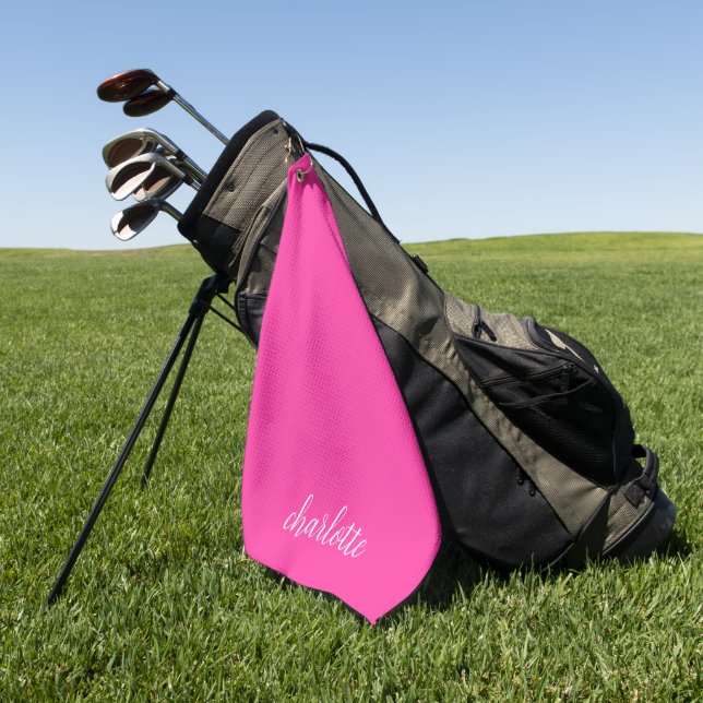 Hot Pink and White Girly Calligraphy Script Golf Towel (Green)