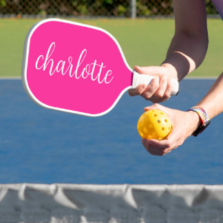 Hot Pink and White Girly Calligraphy Script Pickleball Paddle
