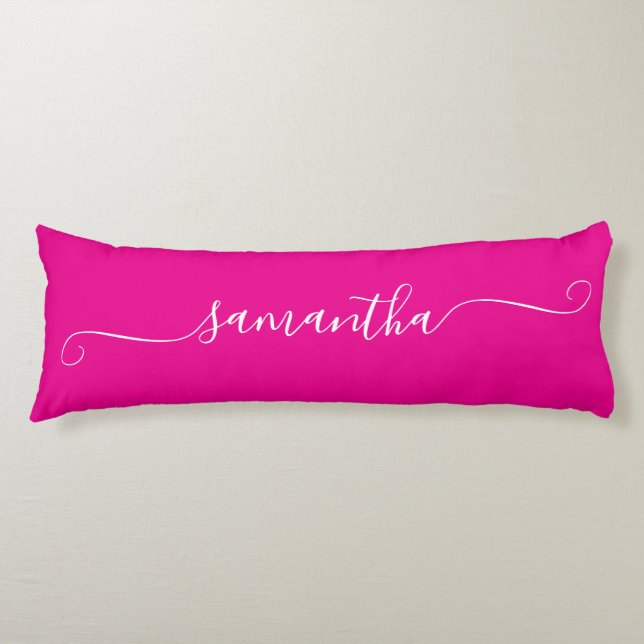 Hot Pink and White Girly Swash Signature Name Body Cushion (Front)