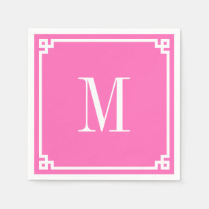 Hot Pink and White Greek Key Border Monogram Napkin