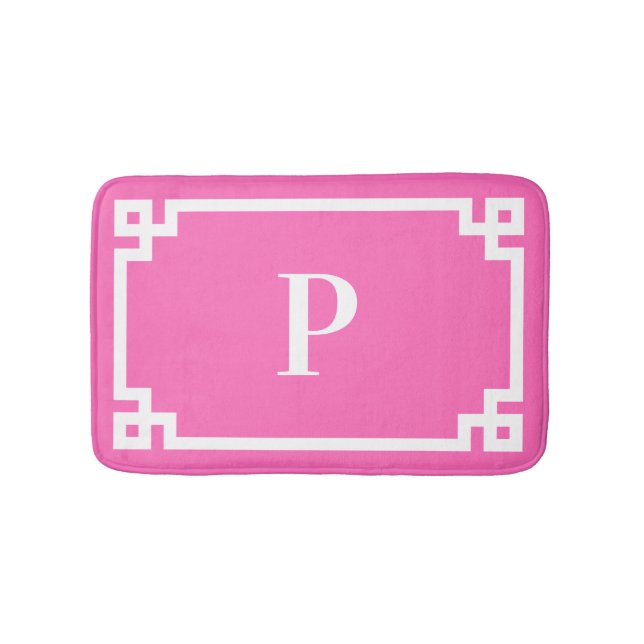 Hot Pink and White Greek Key Frame Monogram Bath Mat (Front)