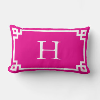 Hot Pink and White Greek Key Monogram Lumbar Cushion