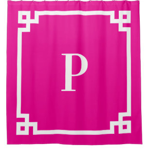 Hot Pink and White Greek Key Simple Monogram Shower Curtain