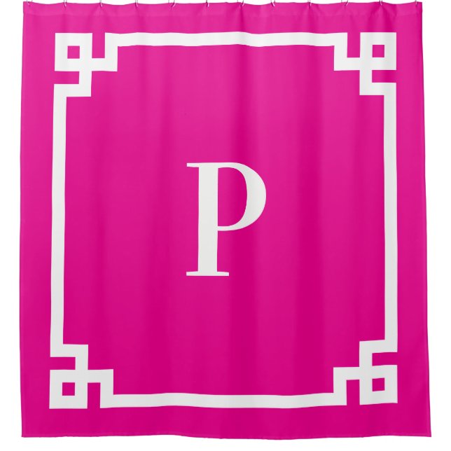 Hot Pink and White Greek Key Simple Monogram Shower Curtain (Front)