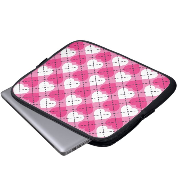 Hot Pink and White Hearts Argyle Laptop Sleeve (Front Bottom)