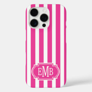 Hot Pink and White Monogrammed Stripes iPhone 16 Pro Case