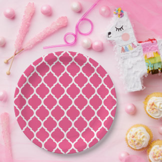 Hot Pink and White Moroccan Quatrefoil Paper Plate