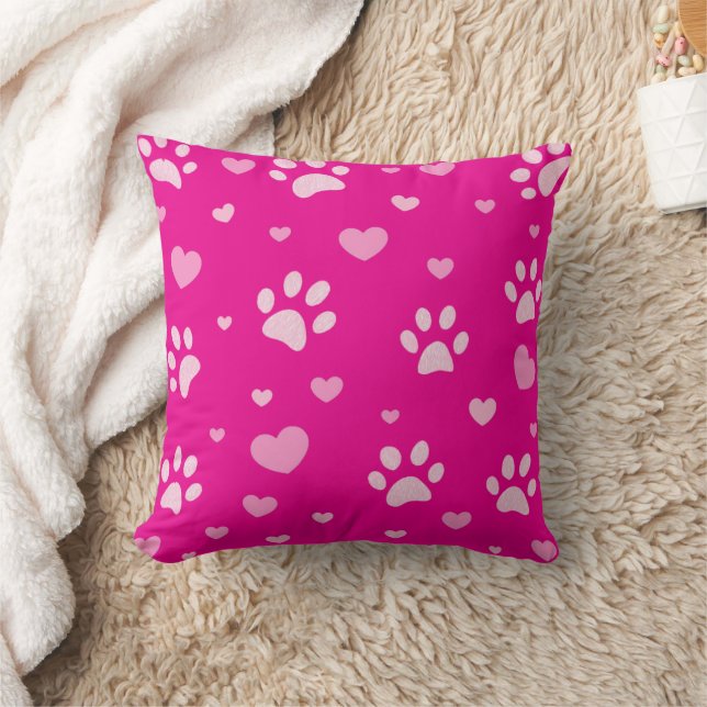 Hot Pink and White Paw Print and Hearts Pillow (Blanket)