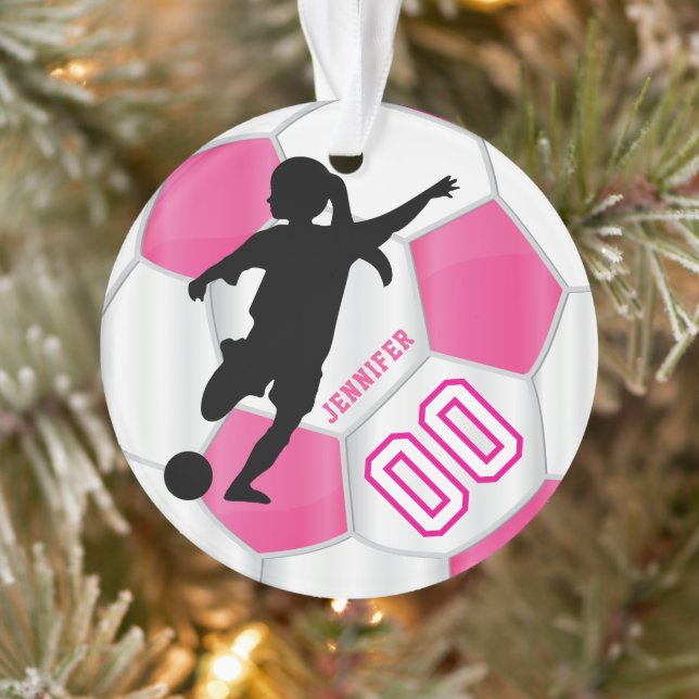 Hot Pink and White Personalise Girl Soccer Player Ornament (Tree)