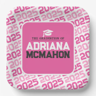 Hot Pink and White Personalised Graduation Paper Plate