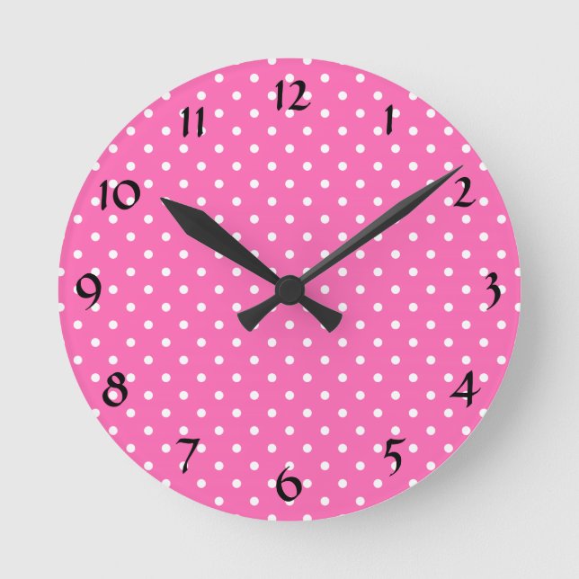 Hot Pink and White Polka Dot Pattern Round Clock (Front)