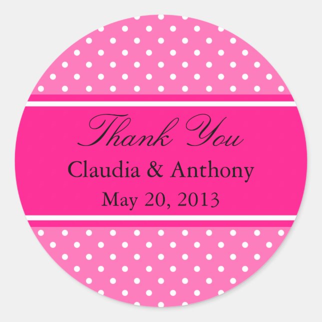 Hot Pink and White Polka Dot Wedding Thank You Classic Round Sticker (Front)