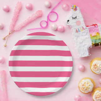 Hot Pink and White Stripes Paper Plate