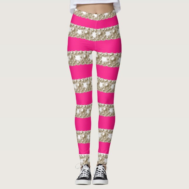 hot pink and white stripes with stylish pearls leggings (Front)