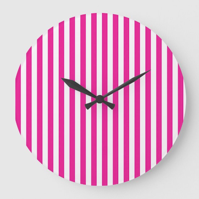 Hot Pink and White Vertical Stripes Minimalist Large Clock (Front)