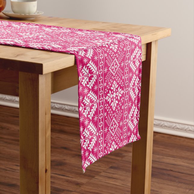 Hot Pink and White Winter Fair Isle Christmas Short Table Runner (In Situ)