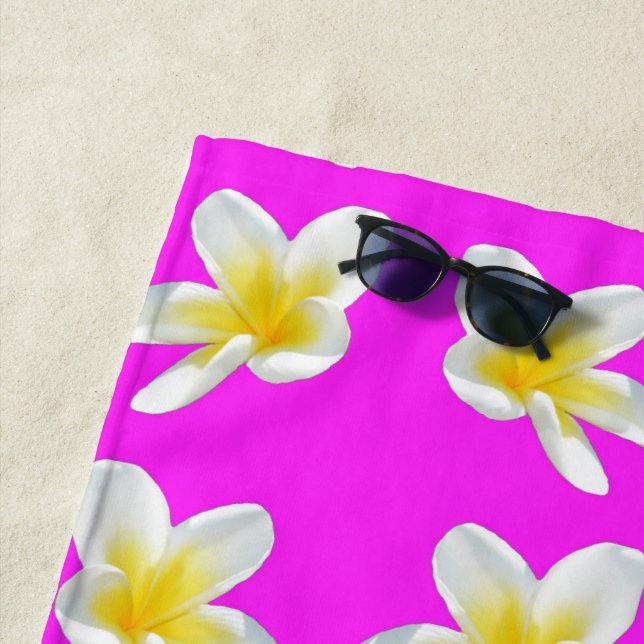 Hot Pink And Yellow Frangipani Pattern, Beach Towel (In Situ)