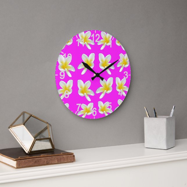 Hot Pink And Yellow Frangipani Pattern, Large Clock (Office)