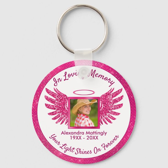 Hot Pink Angel Wings Halo Girly Photo Memorial Key Ring (Front)